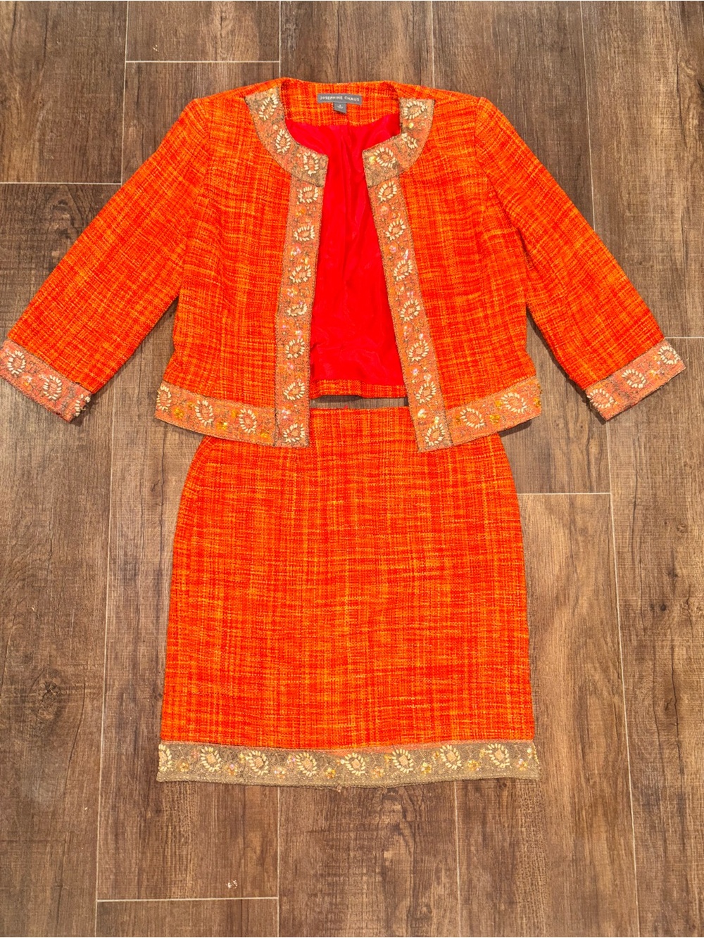 Josephine Chaus 100% Silk Plaid 2 Piece Skirt Suit Set Orange Red Tweed Size 6